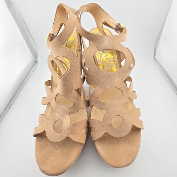 Qupid Suede Feel Cutout Wedge Sandals Size 8.5 – Nude Beige Gold Insole – Statem - Picture 1 of 11